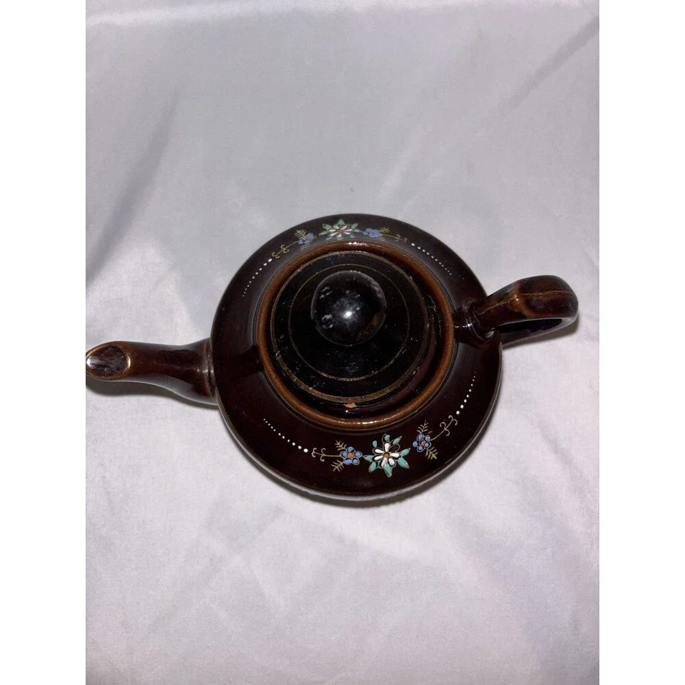 Brown Betty Teapot Hand Painted Red Ware Made in Japan Moriage Floral Blue VTG